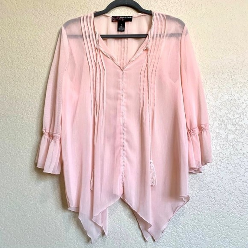 Peck & Peck pink top women sheer V-neckline peasant sleeves size M